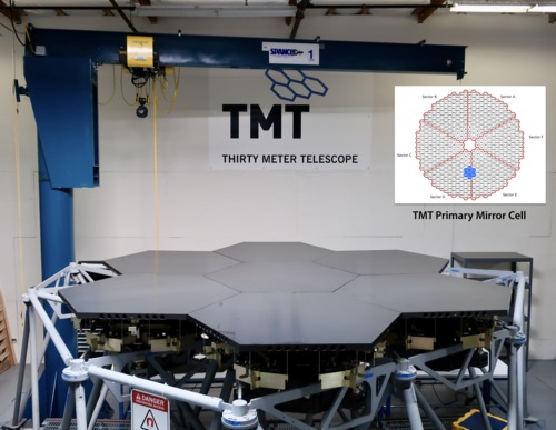 The TMT Multi-Segment Integration & Test (MSIT) facility, fully populated with seven full-size aluminum segments, at the Monrovia laboratory, on February 11, 2020.  